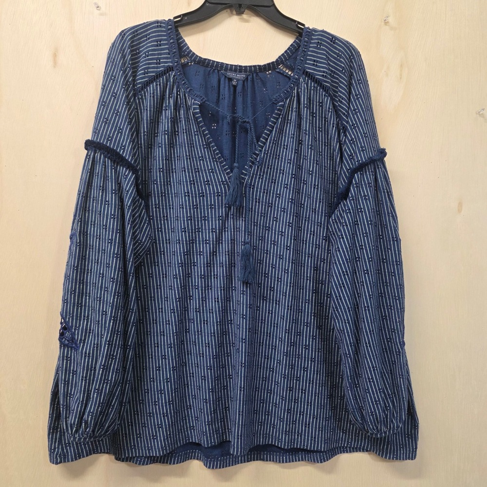 Lucky Brand Blue Striped Eyelet Peasant Top 3X Boho Tassel Balloon Sleeve